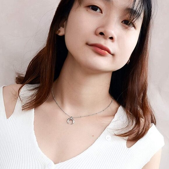 Stainless Steel Moon Crescent Half Circle Charm Statement Anniversary Colloar Ne - Picture 3 of 3